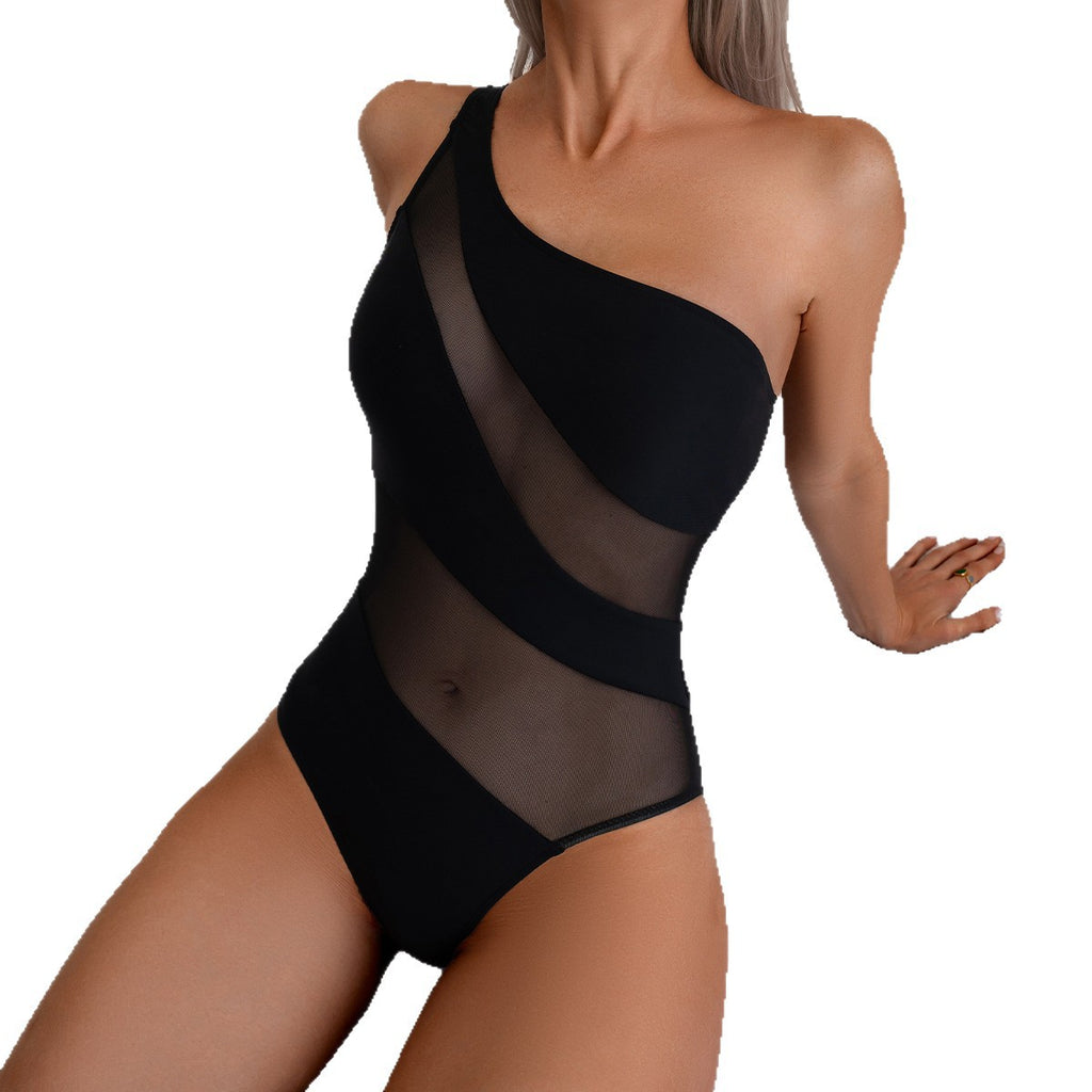 新款泳衣女欧美风连体泳装性感单肩纯色拼接泳衣时尚女士外贸跨境
