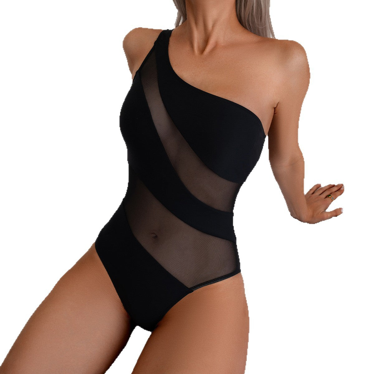 新款泳衣女欧美风连体泳装性感单肩纯色拼接泳衣时尚女士外贸跨境