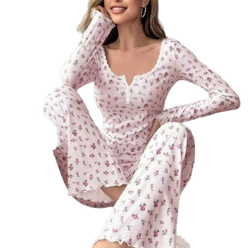 跨境亚马逊欧美长袖v领睡衣小碎花印花生菜卷边长裤家居服套装女