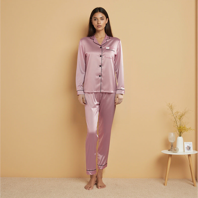 亚马逊大码缎面色丁睡衣女士春夏长袖长裤薄款丝绸休闲家居两件套