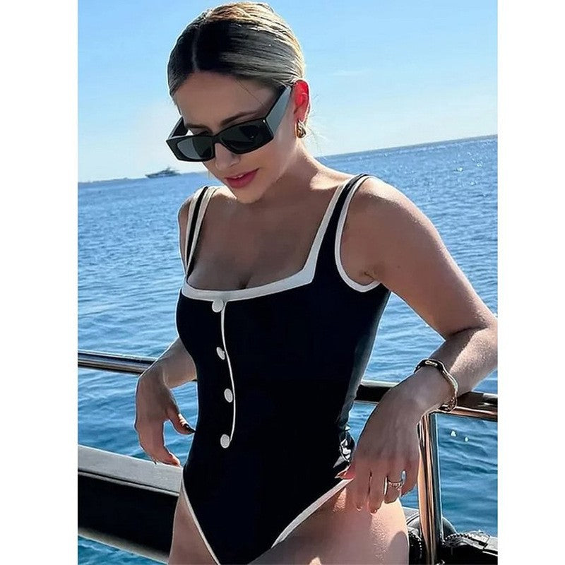 2024欧美泳装新款女简约黑白拼色小香风连体泳衣跨境爆款