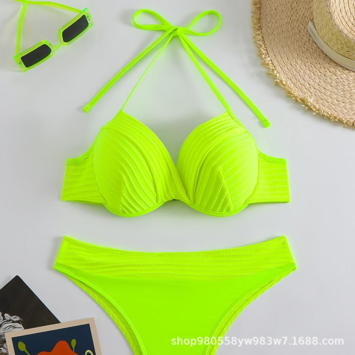 外单泳衣2024纯色性感bikini女士分体泳衣带钢托聚拢沙滩比基尼