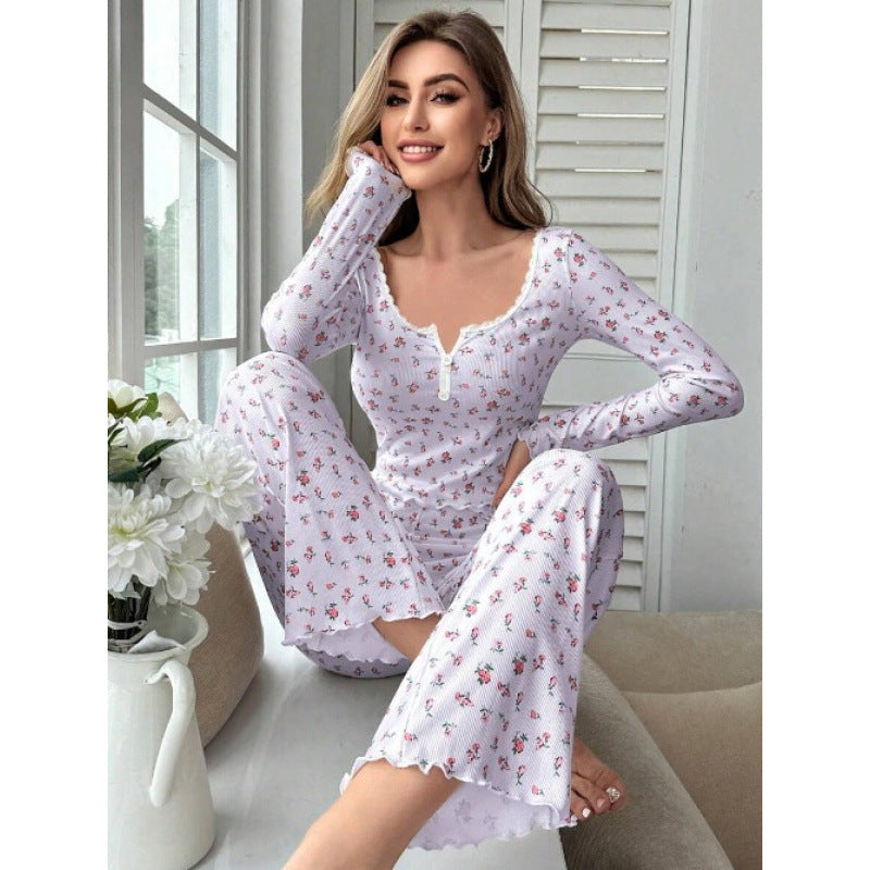 跨境亚马逊欧美长袖v领睡衣小碎花印花生菜卷边长裤家居服套装女