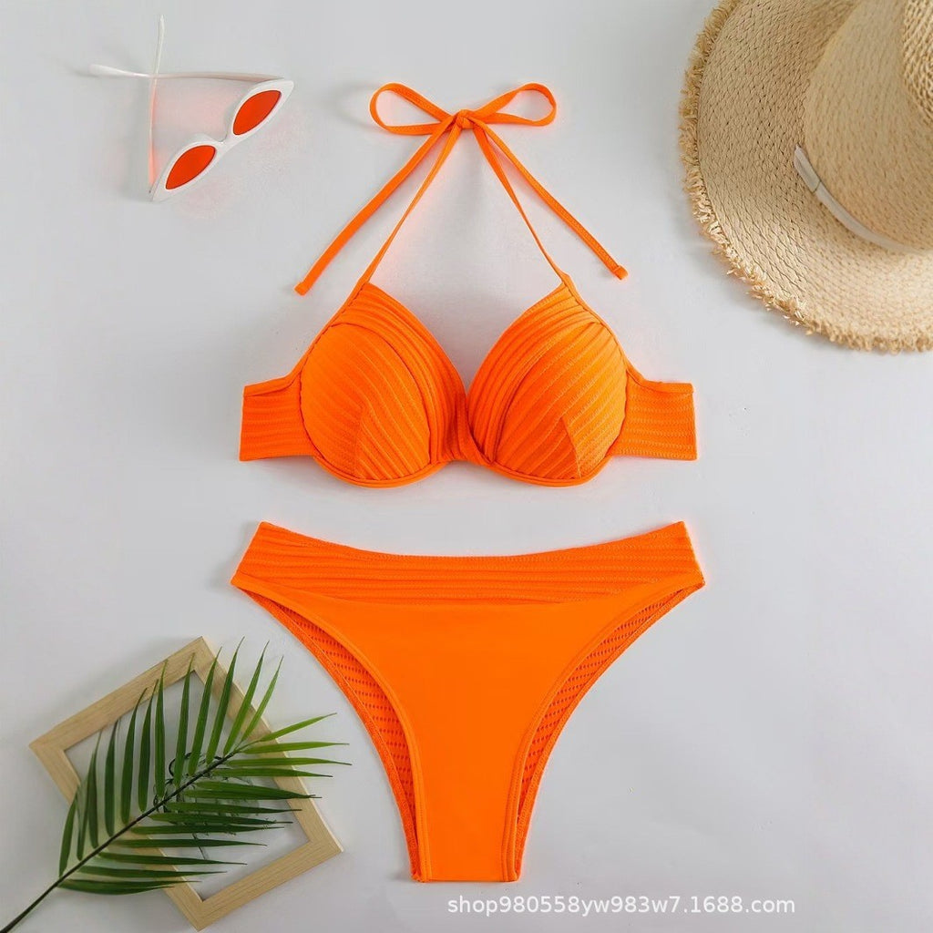 外单泳衣2024纯色性感bikini女士分体泳衣带钢托聚拢沙滩比基尼