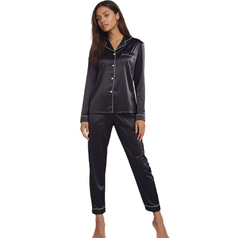 亚马逊大码缎面色丁睡衣女士春夏长袖长裤薄款丝绸休闲家居两件套