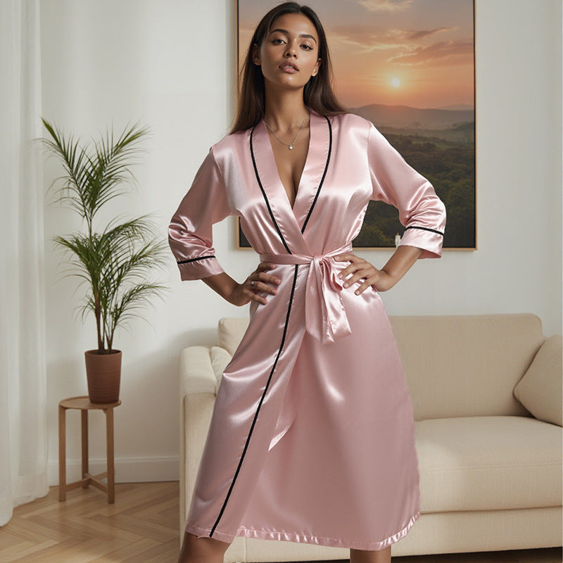 丝绸缎面色丁亚马逊大码睡衣女士春夏长袖长裤薄款休闲家居服