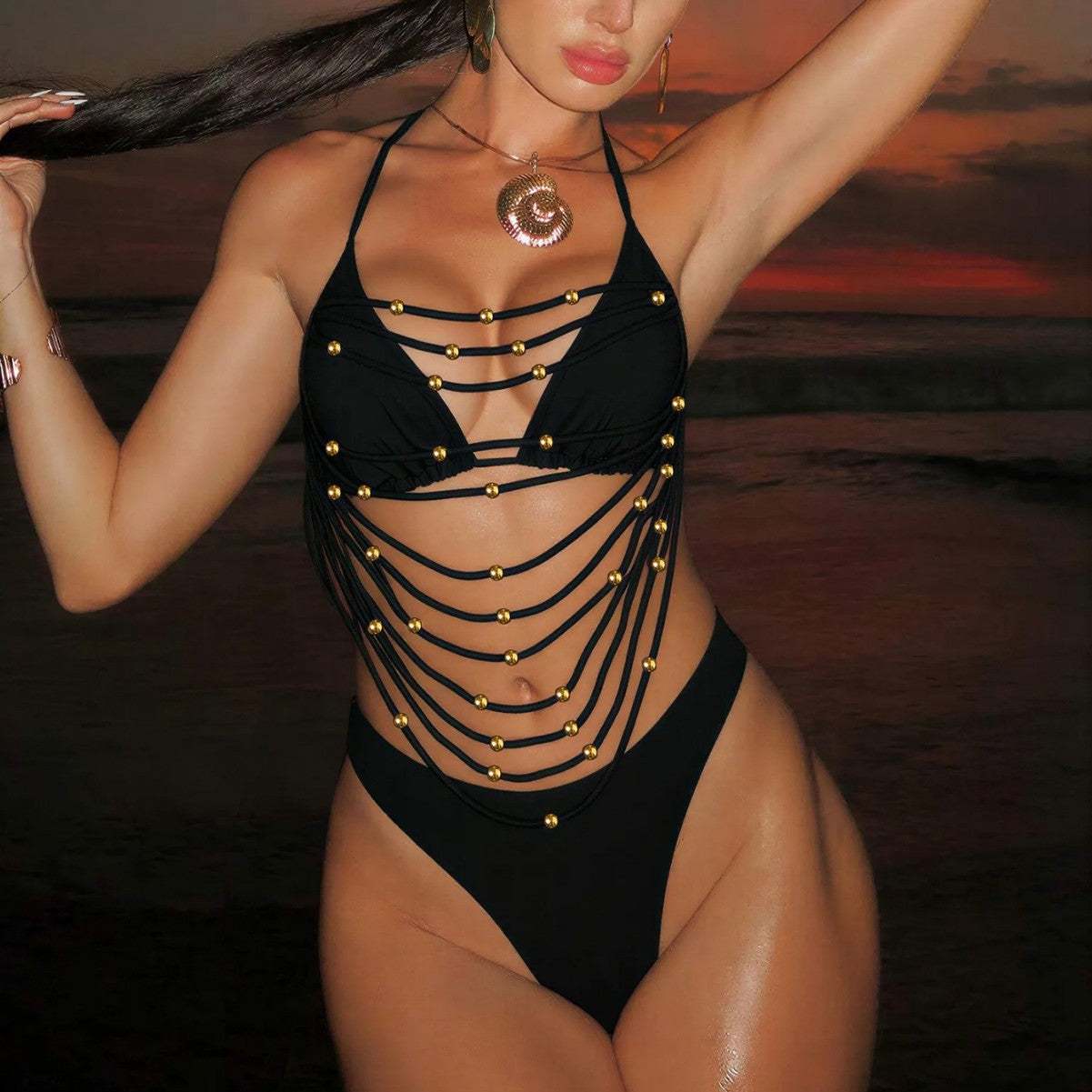 欧美分体泳衣女批发纯色性感镂空泳装跨境外贸新款比基尼泳衣