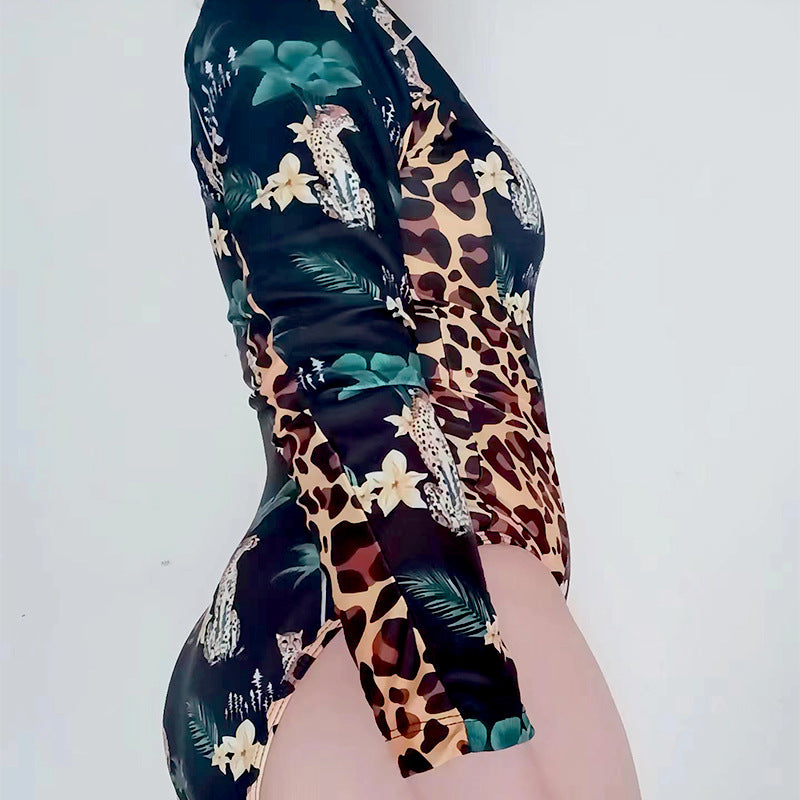 2026欧美紧身显瘦印花性感连体泳衣外贸运动长袖带拉链冲浪泳装女