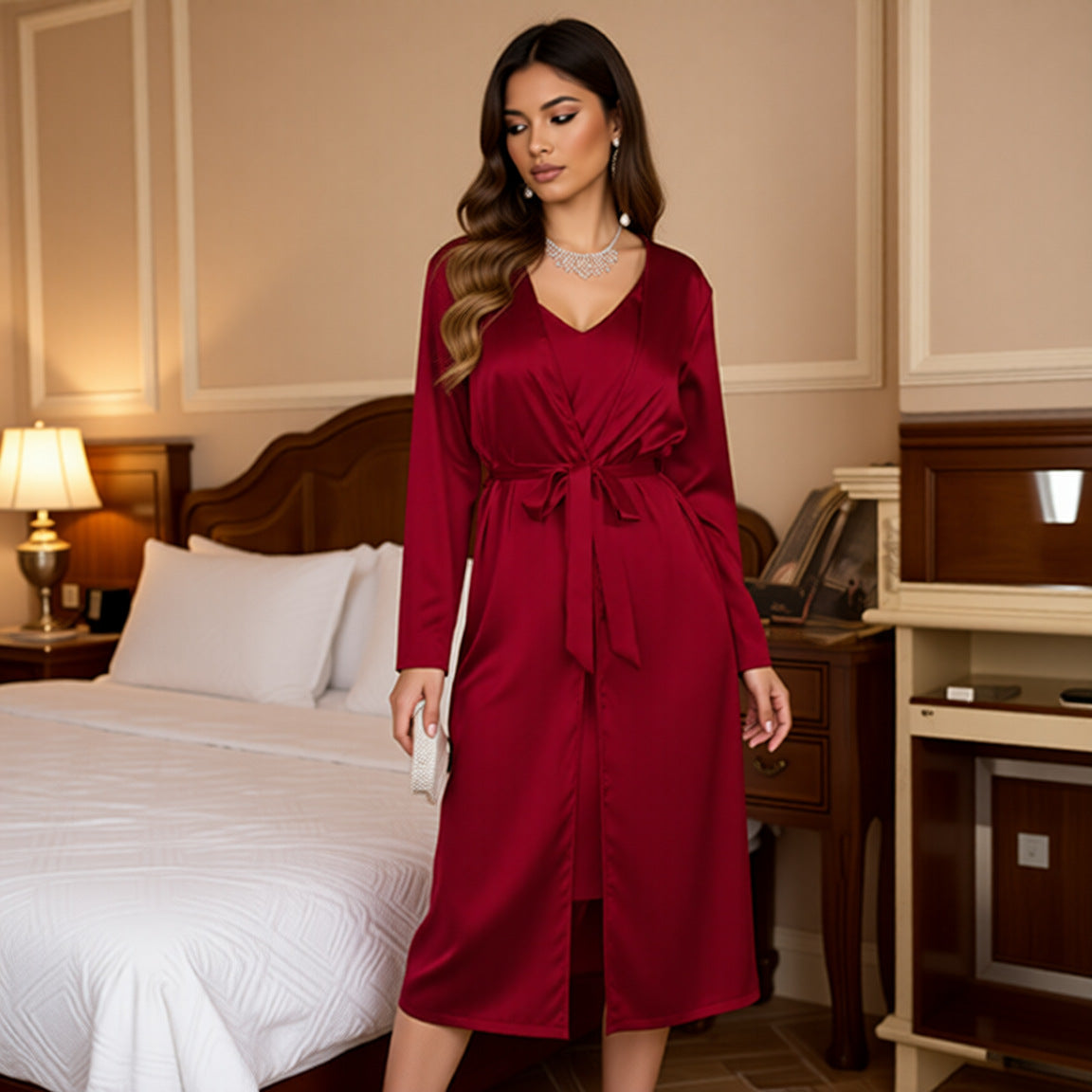 跨境女宽松长袍吊带睡裙浴袍家居服睡衣时尚睡袍套装