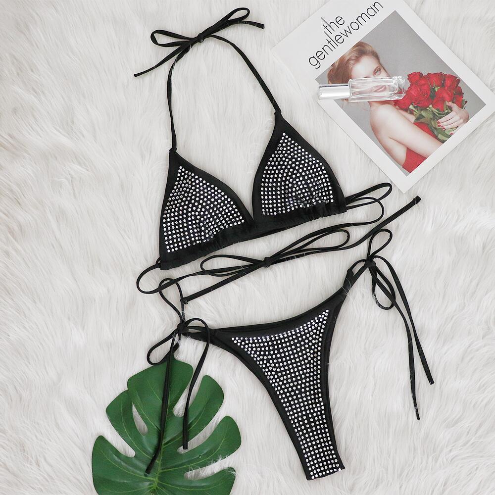 2023欧美性感烫钻比基尼分体纯色绑带泳衣沙滩度假女泳装厂家现货