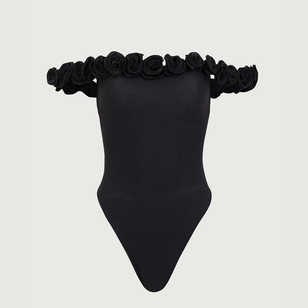 2025新款连体纯色花卉女士抹胸游泳衣 沙滩比基尼连体女性泳衣