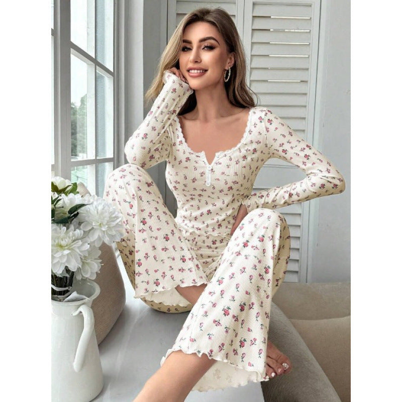 跨境亚马逊欧美长袖v领睡衣小碎花印花生菜卷边长裤家居服套装女