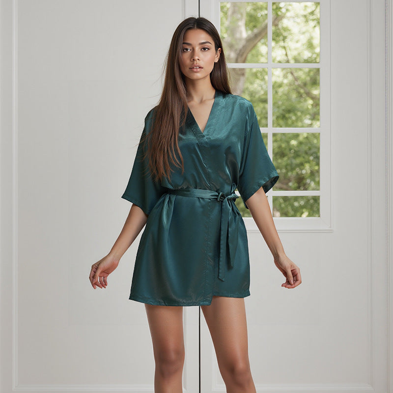 亚马逊跨境欧美女士缎面家居服睡袍浴袍夏季薄款性感短款开衫袍