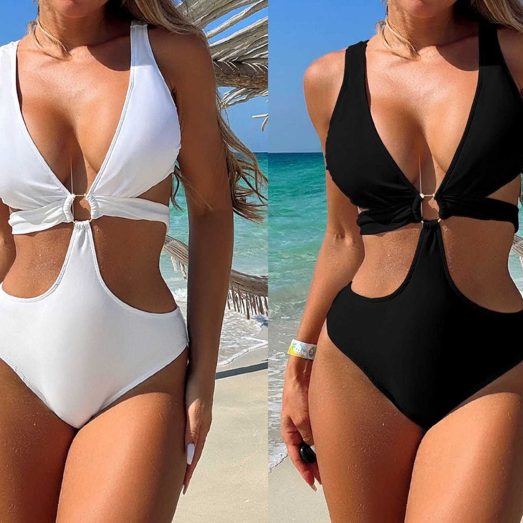 跨境欧美亚马逊爆款性感露背连体纯色比基尼bikini沙滩女士泳衣