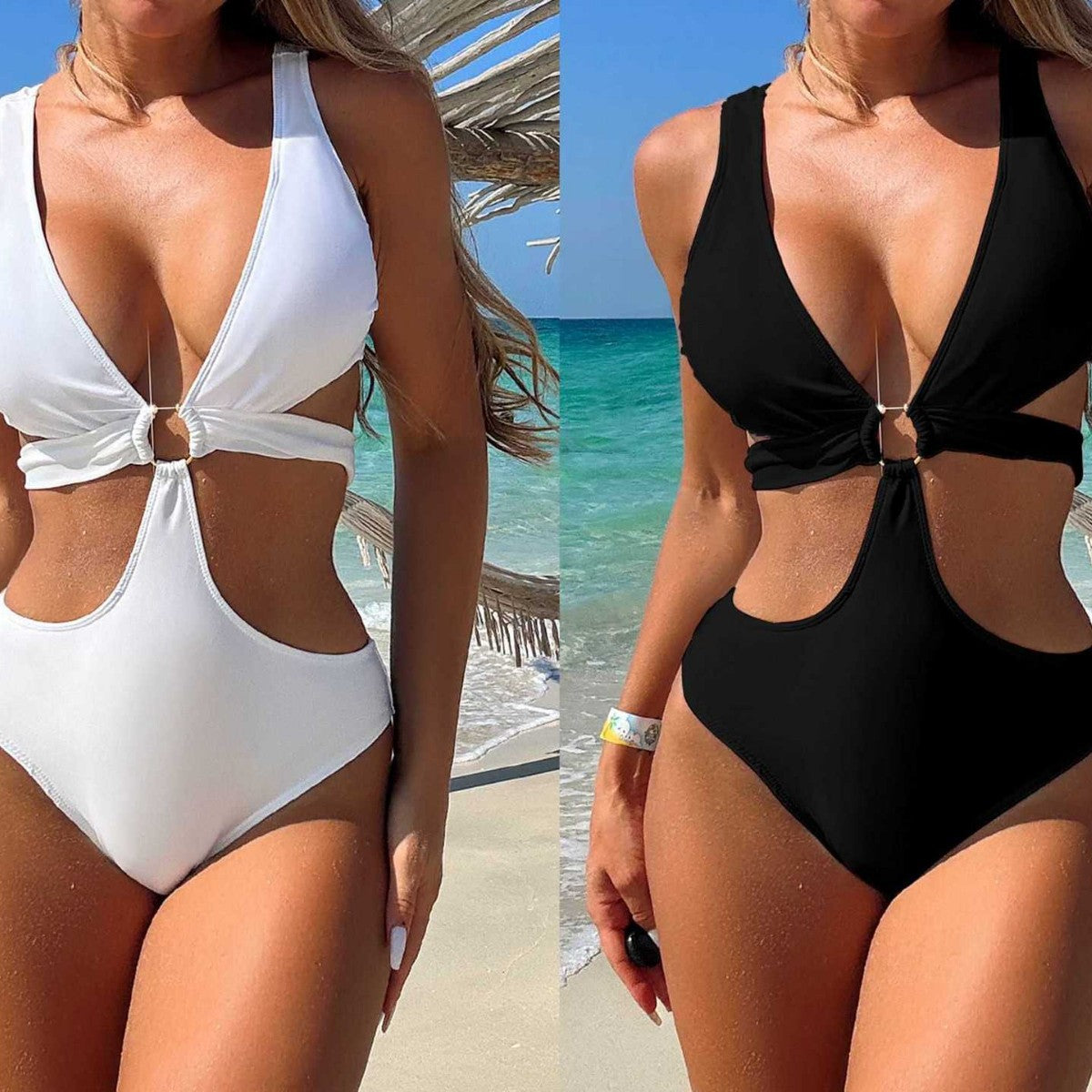 跨境欧美亚马逊爆款性感露背连体纯色比基尼bikini沙滩女士泳衣