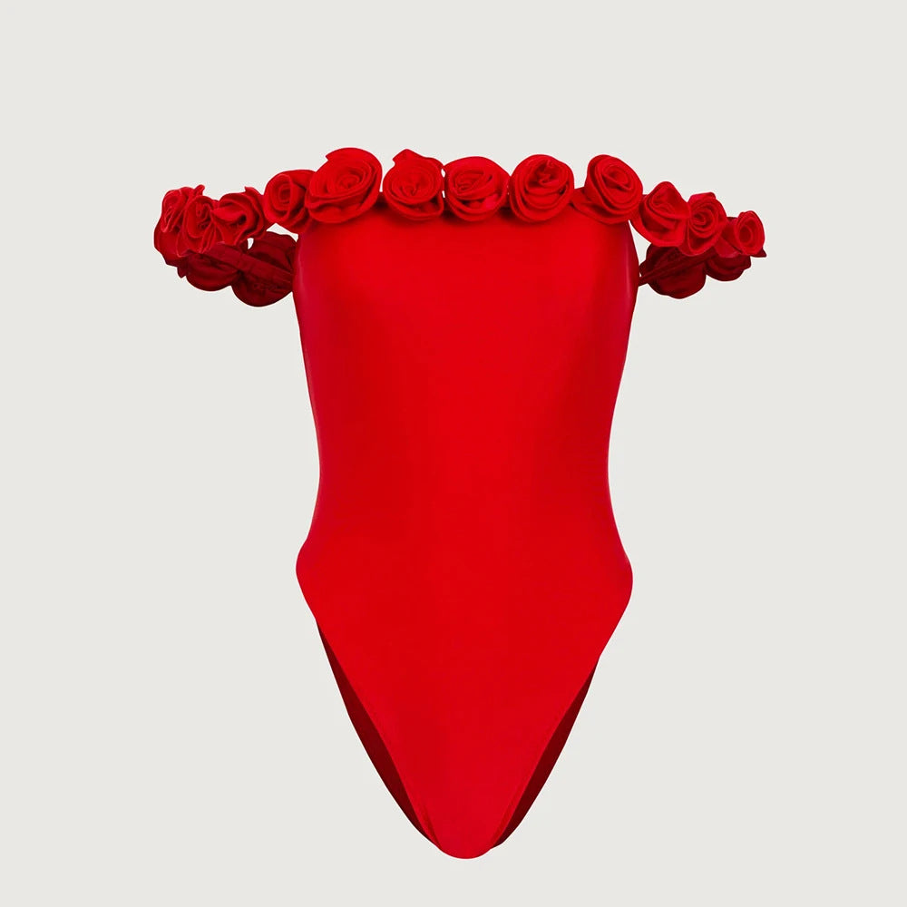 2025新款连体纯色花卉女士抹胸游泳衣 沙滩比基尼连体女性泳衣