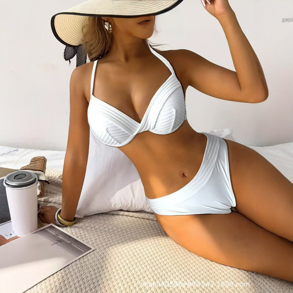 外单泳衣2024纯色性感bikini女士分体泳衣带钢托聚拢沙滩比基尼