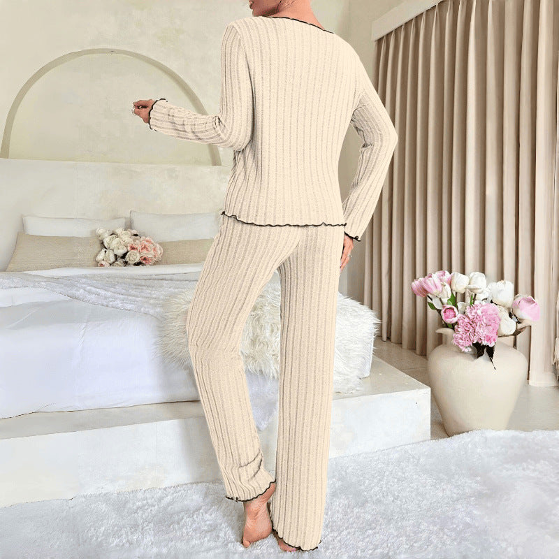 跨境欧美纯色秋冬睡衣套装蝴蝶结女士家居服长袖长裤两件套家居服