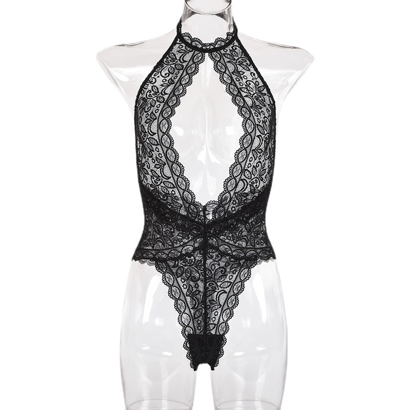跨境外贸性感内衣女情趣内衣欧美蕾丝花边透视挂脖露背连体衣批发