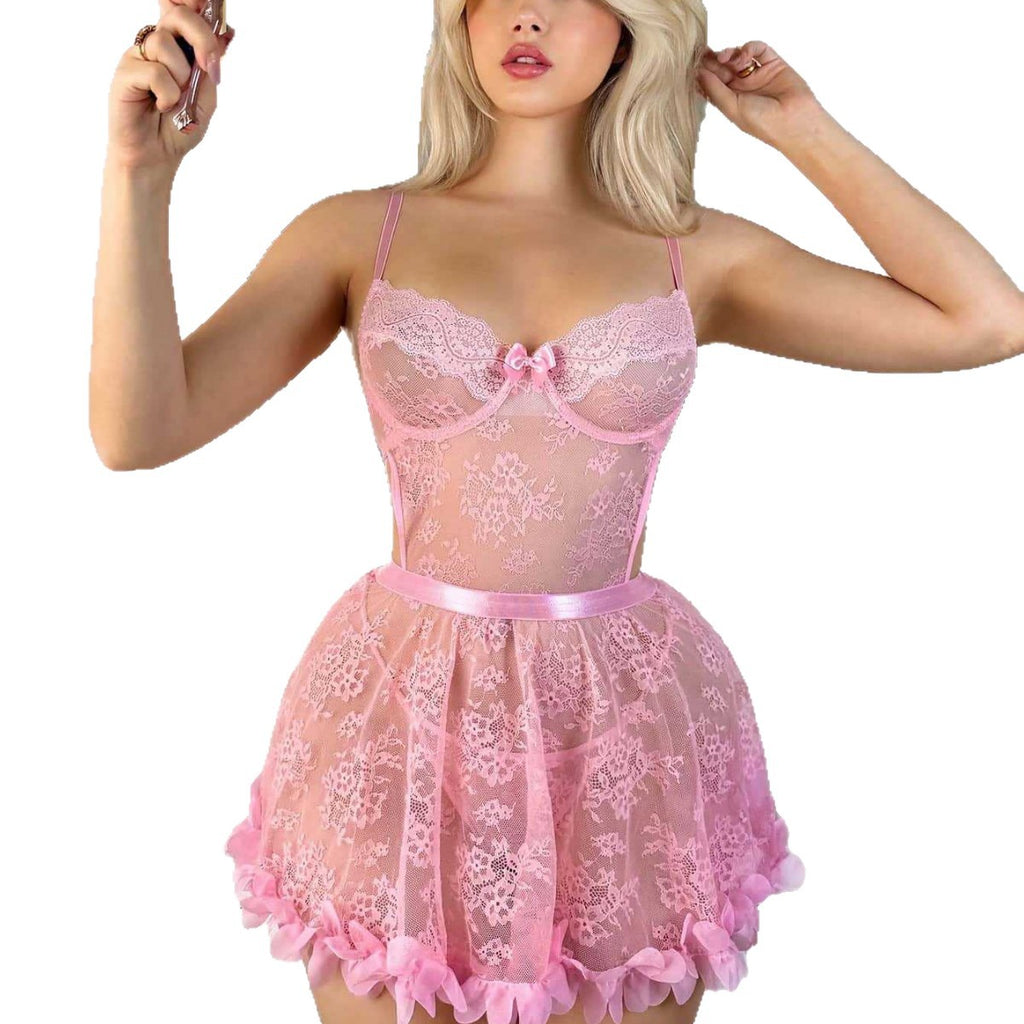 Sexy see-through suit亚马逊跨境花朵刺绣透视蕾丝情趣内衣套装