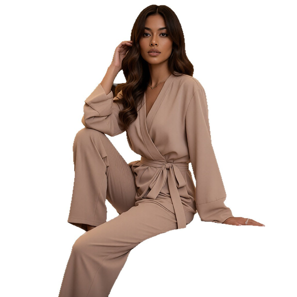 缎面雪纺睡衣女春秋长袖法式冰丝绸家居服长袖长裤套装