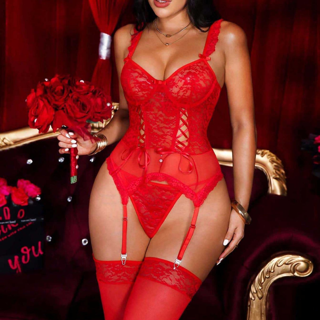 Sexy suit亚马逊选品跨境爆款性感睡裙聚拢蕾丝带丝袜情趣套装