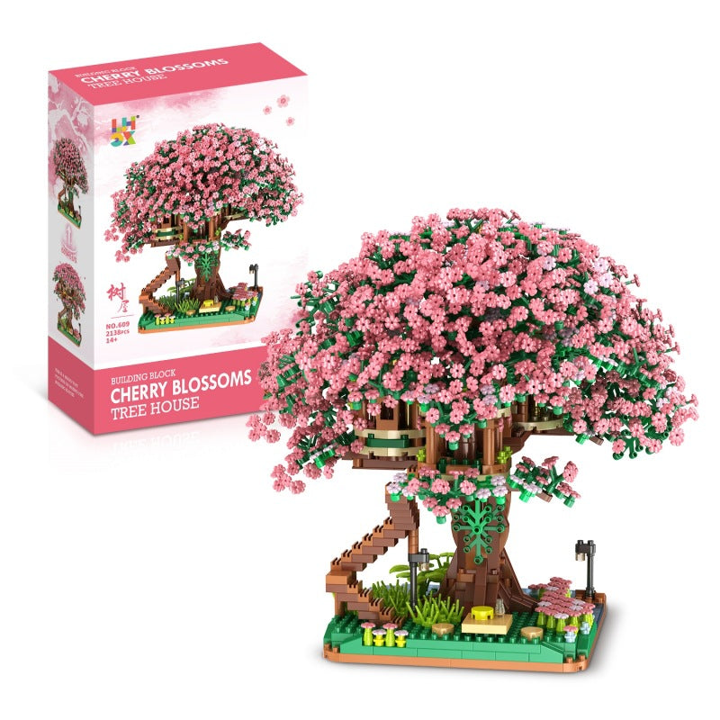 Mini Micro Building Blocks Sakura Train Station Set – DIY Cherry Blossom Treehouse Architecture Model, Small Brick Construction Toy Gift for Kids & Adults