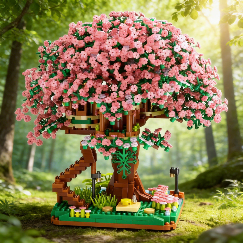 Mini Micro Building Blocks Sakura Train Station Set – DIY Cherry Blossom Treehouse Architecture Model, Small Brick Construction Toy Gift for Kids & Adults