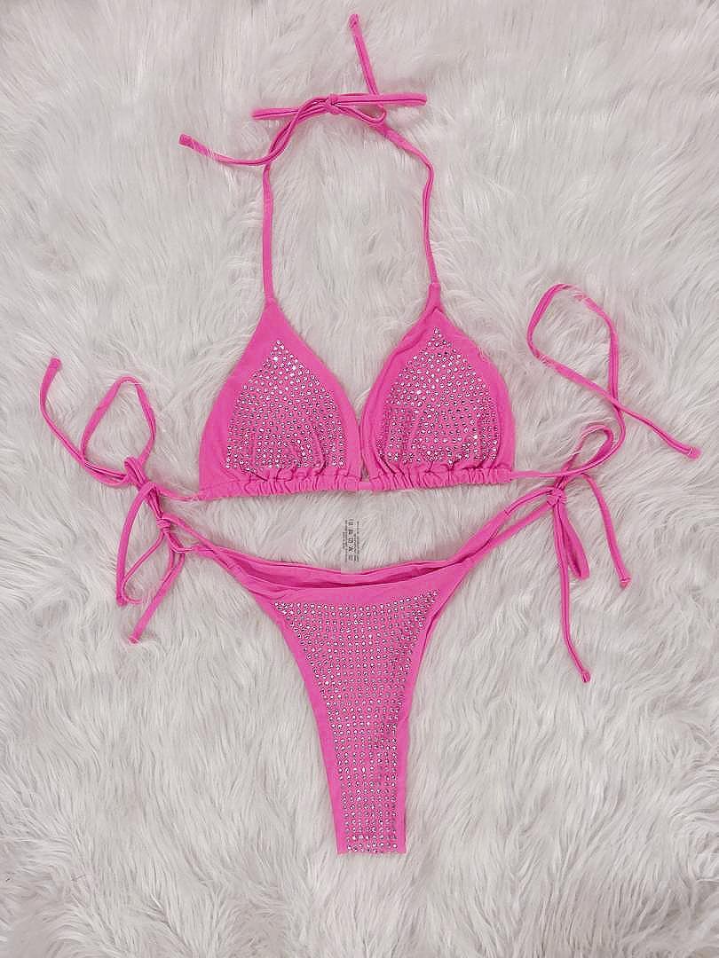 2023欧美性感烫钻比基尼分体纯色绑带泳衣沙滩度假女泳装厂家现货