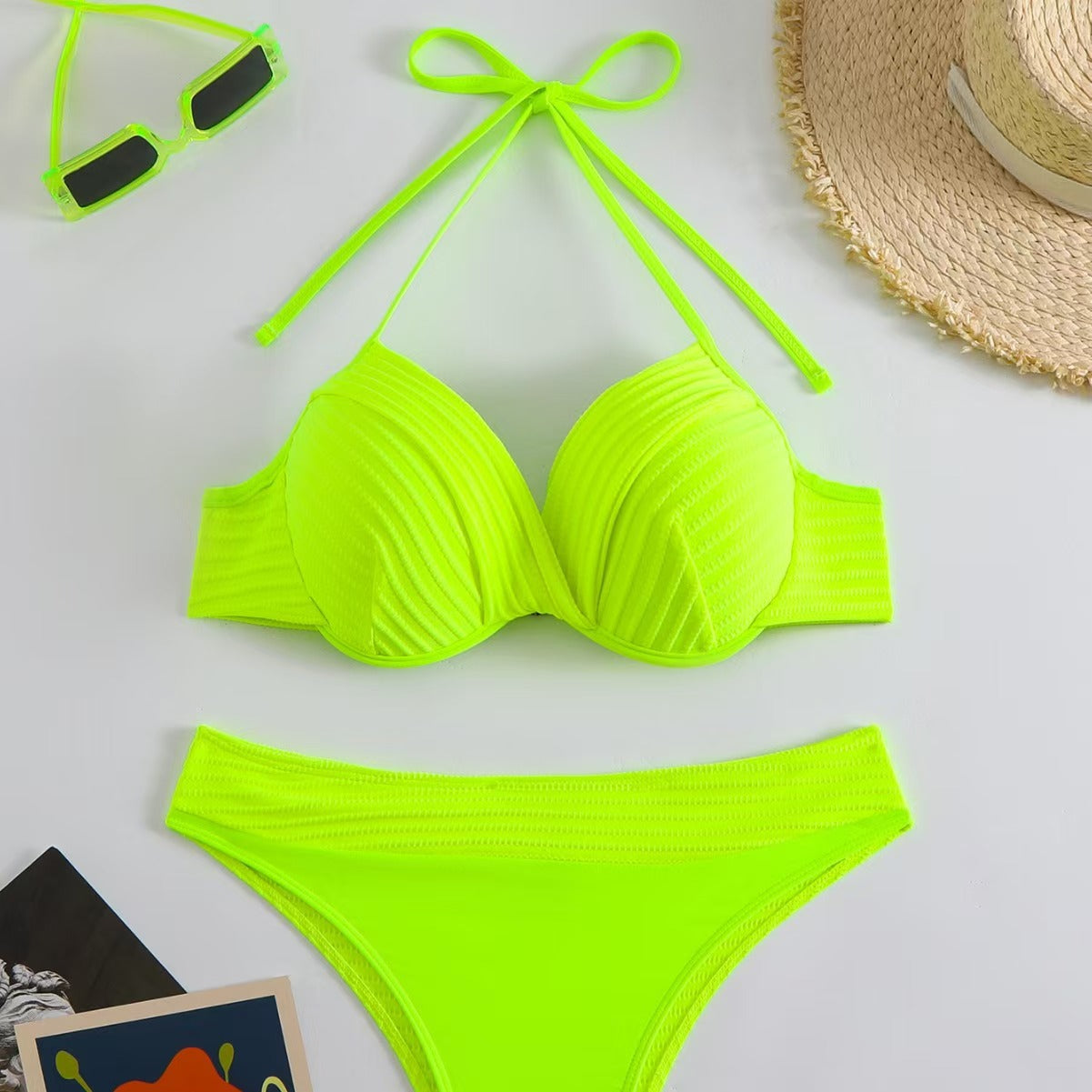 外单泳衣2024纯色性感bikini女士分体泳衣带钢托聚拢沙滩比基尼