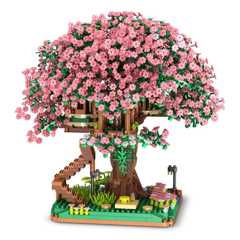 Mini Micro Building Blocks Sakura Train Station Set – DIY Cherry Blossom Treehouse Architecture Model, Small Brick Construction Toy Gift for Kids & Adults