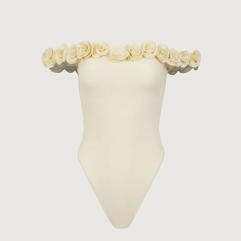 2025新款连体纯色花卉女士抹胸游泳衣 沙滩比基尼连体女性泳衣