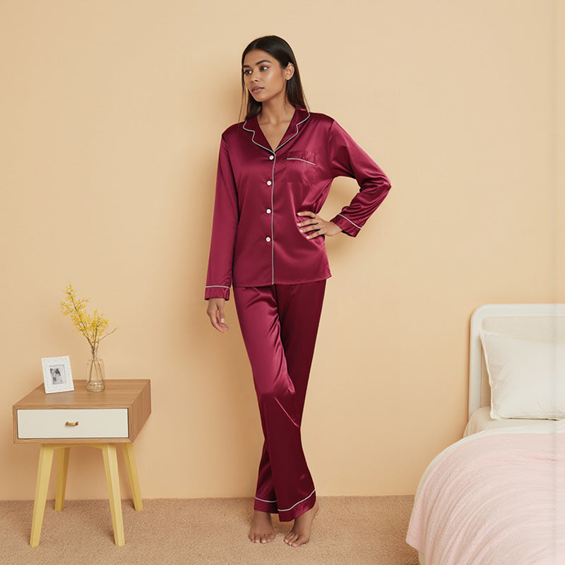 亚马逊大码缎面色丁睡衣女士春夏长袖长裤薄款丝绸休闲家居两件套