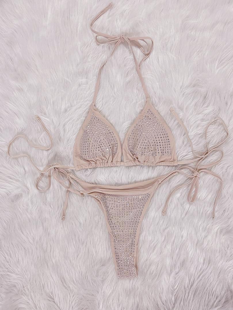 2023欧美性感烫钻比基尼分体纯色绑带泳衣沙滩度假女泳装厂家现货