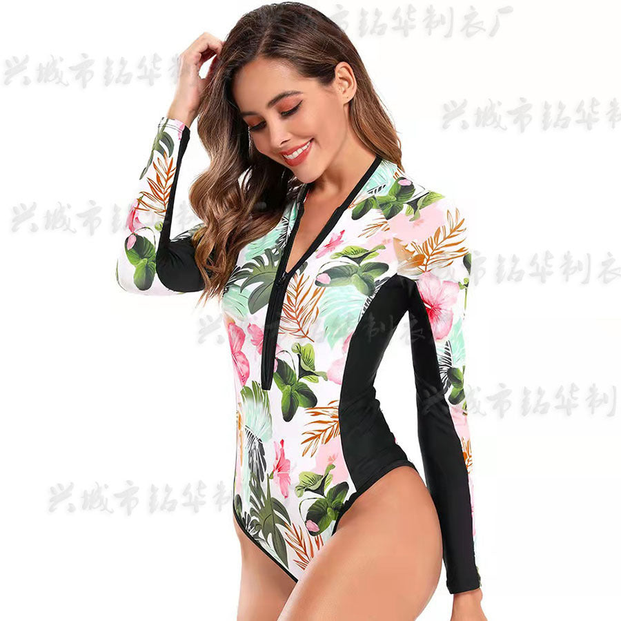 2026欧美紧身显瘦印花性感连体泳衣外贸运动长袖带拉链冲浪泳装女