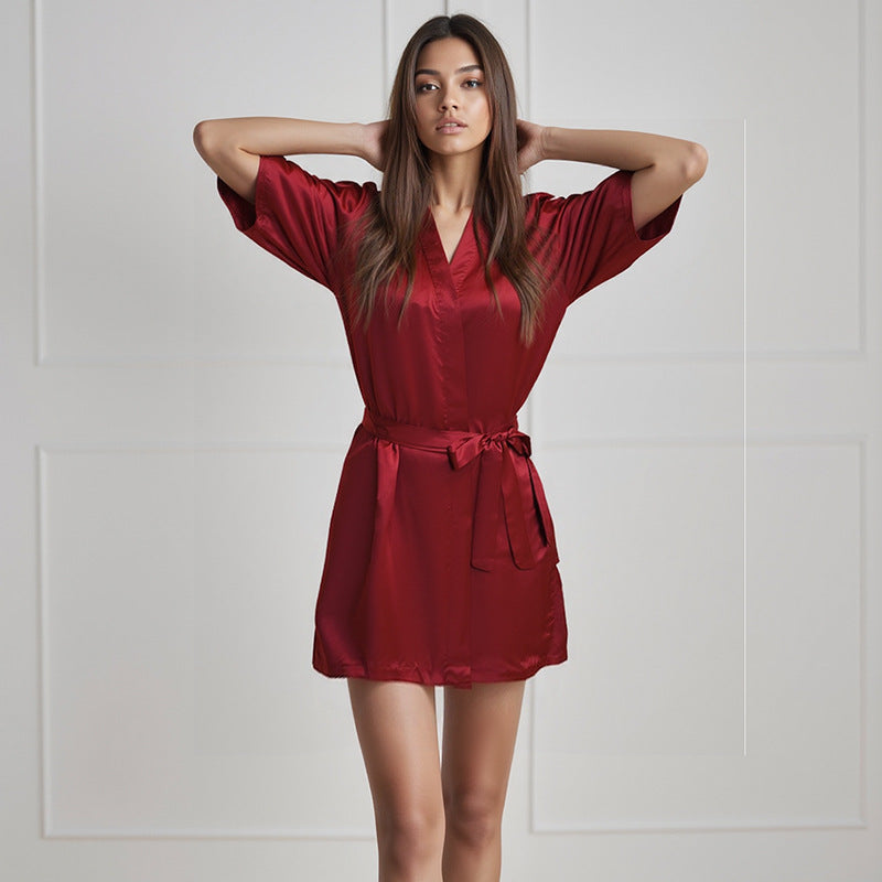 亚马逊跨境欧美女士缎面家居服睡袍浴袍夏季薄款性感短款开衫袍