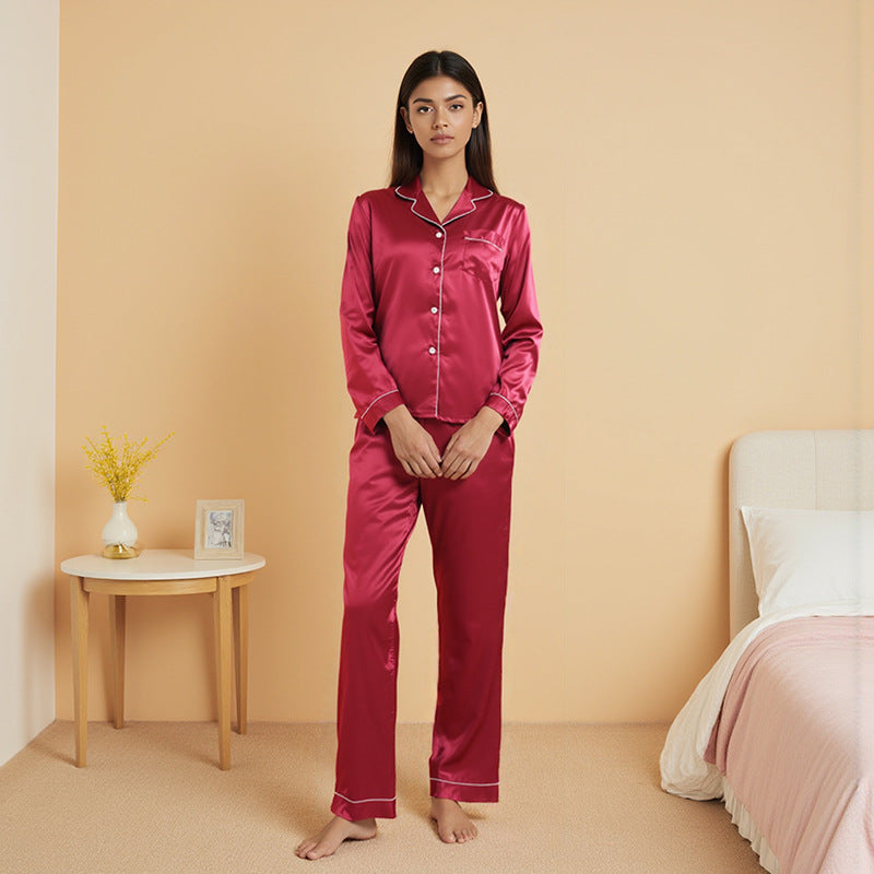 亚马逊大码缎面色丁睡衣女士春夏长袖长裤薄款丝绸休闲家居两件套