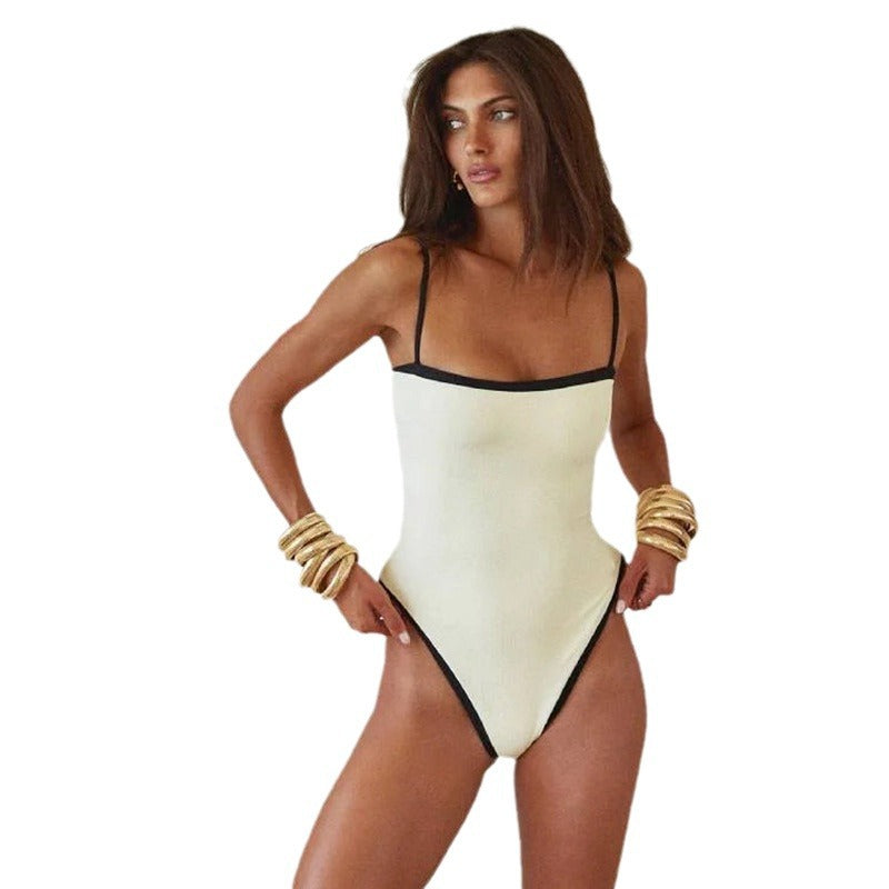 2024欧美泳装新款女简约黑白拼色小香风连体泳衣跨境爆款
