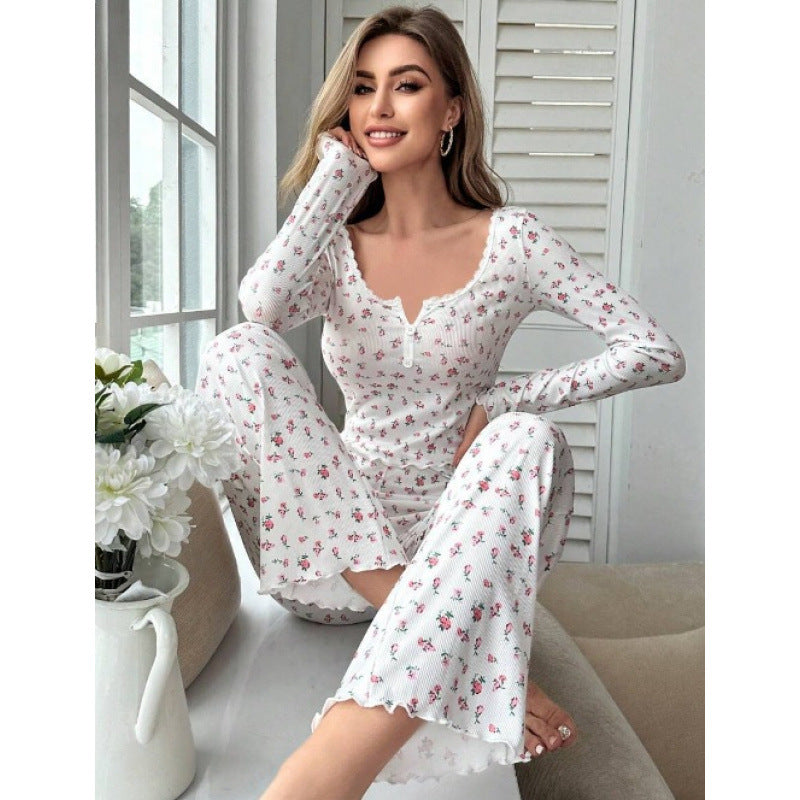 跨境亚马逊欧美长袖v领睡衣小碎花印花生菜卷边长裤家居服套装女