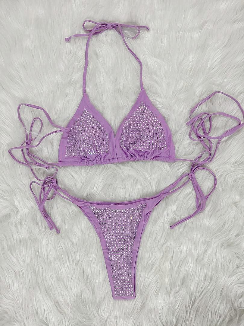 2023欧美性感烫钻比基尼分体纯色绑带泳衣沙滩度假女泳装厂家现货