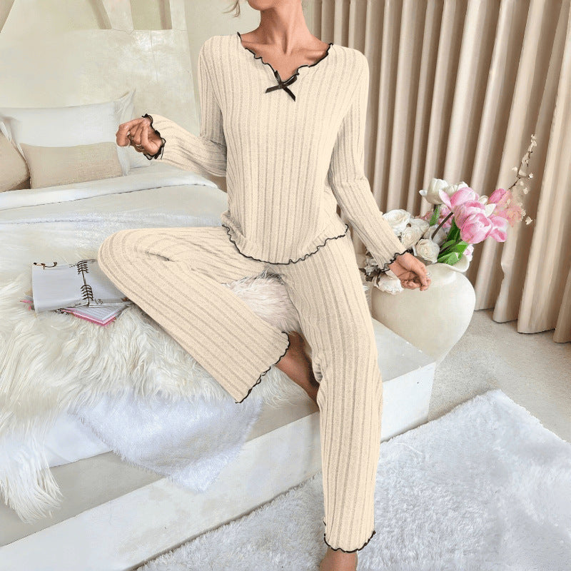 跨境欧美纯色秋冬睡衣套装蝴蝶结女士家居服长袖长裤两件套家居服