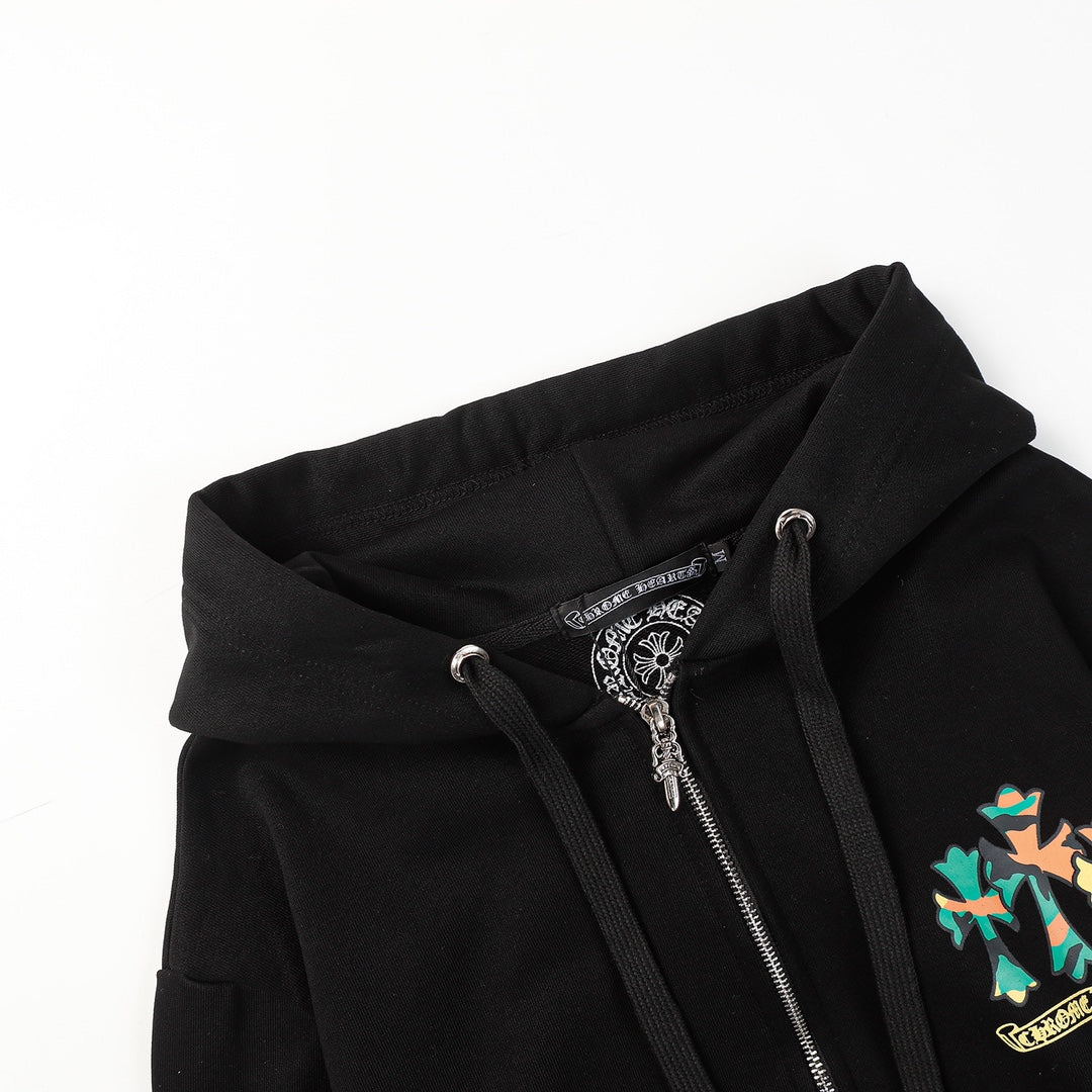 FotiGmanClub Camouflage Cross & Sanskrit Print Hoodie & Sweatpants Set – Unisex Double-Layer Streetwear