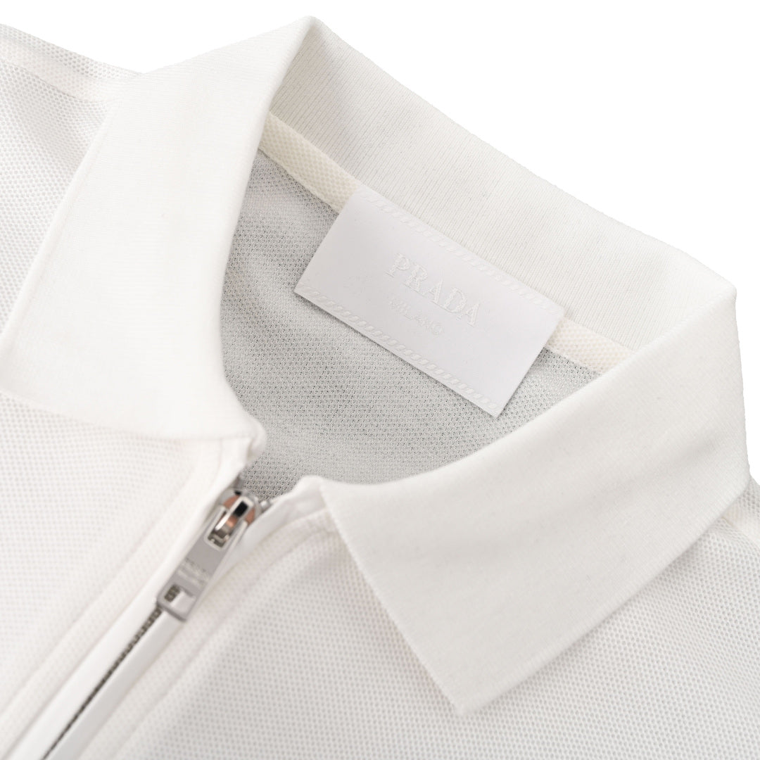 Prada PRD Triangle Logo Zip Polo Shirt – Luxury Piqué Cotton Short Sleeve