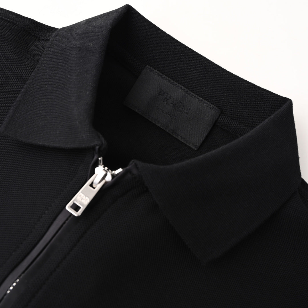Prada PRD Triangle Logo Zip Polo Shirt – Premium Piqué Cotton Short Sleeve