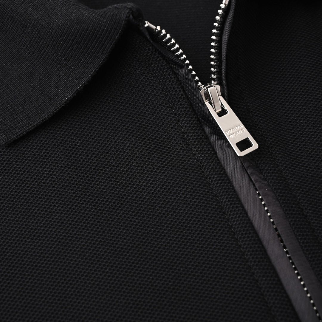 Prada PRD Triangle Logo Zip Polo Shirt – Premium Piqué Cotton Short Sleeve