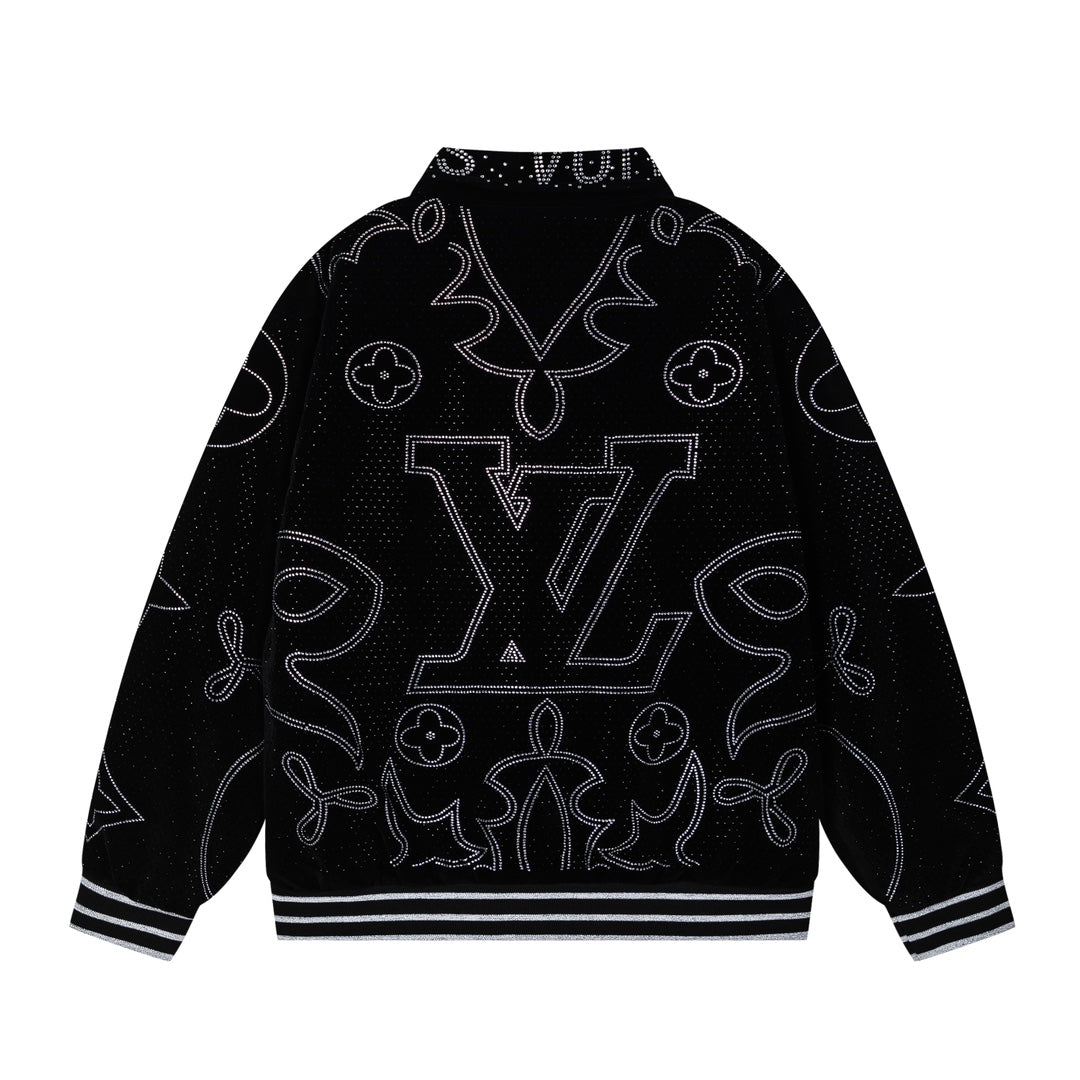 LV Fall Winter 2024 Men’s Velvet Baseball Jacket | Signature All-Over Logo Rhinestone Design