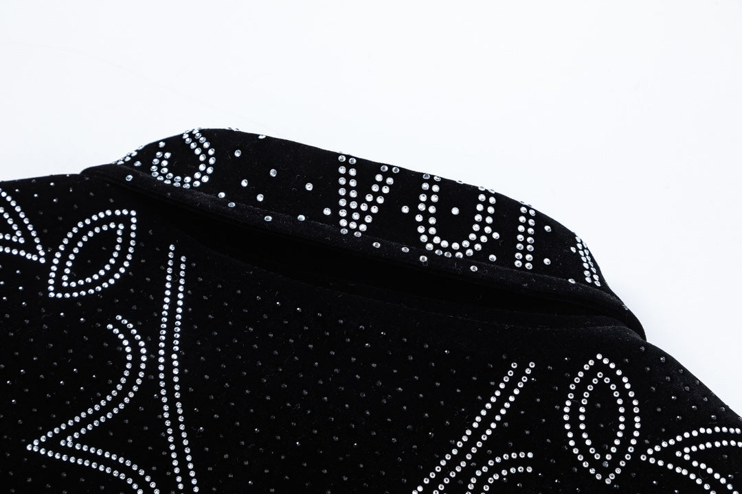 LV Fall Winter 2024 Men’s Velvet Baseball Jacket | Signature All-Over Logo Rhinestone Design