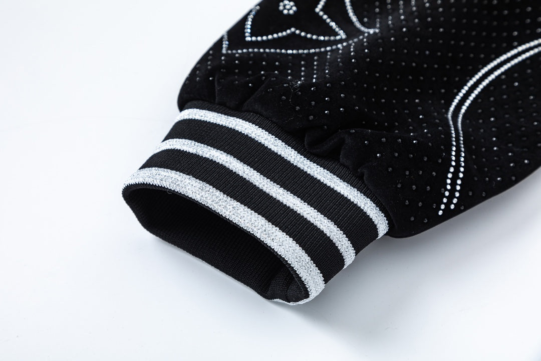 LV Fall Winter 2024 Men’s Velvet Baseball Jacket | Signature All-Over Logo Rhinestone Design