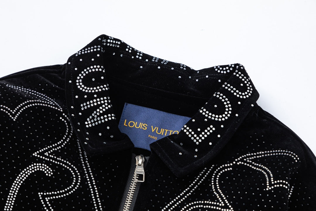 LV Fall Winter 2024 Men’s Velvet Baseball Jacket | Signature All-Over Logo Rhinestone Design