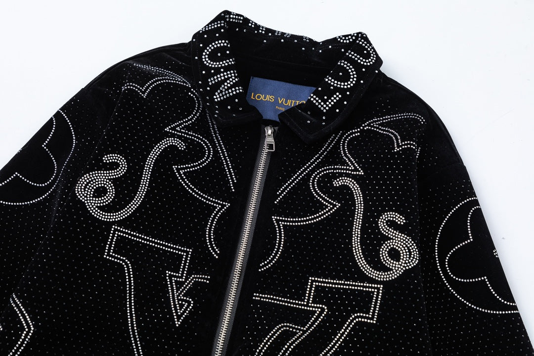 LV Fall Winter 2024 Men’s Velvet Baseball Jacket | Signature All-Over Logo Rhinestone Design